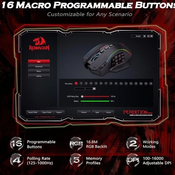 Redragon Wireless Gaming Mouse, MMO Gaming Mouse UP 16,000 DPI, 16 Macro Program - Picture 4 of 5